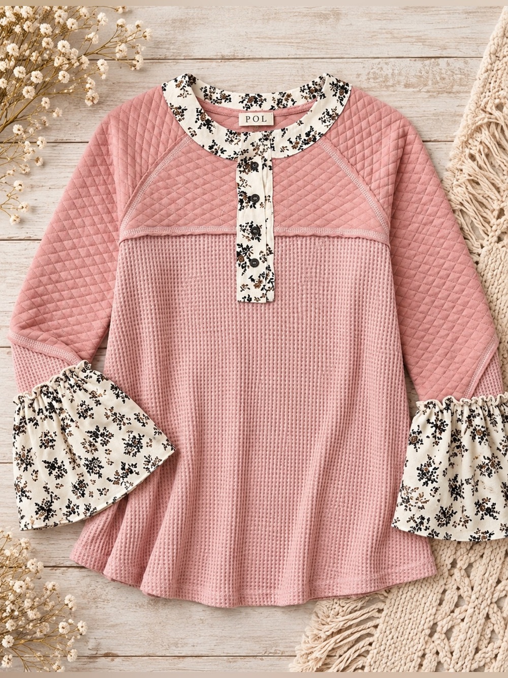 POL Darling Mischief Top Pink Mixed Fabrics NWOT Size Small